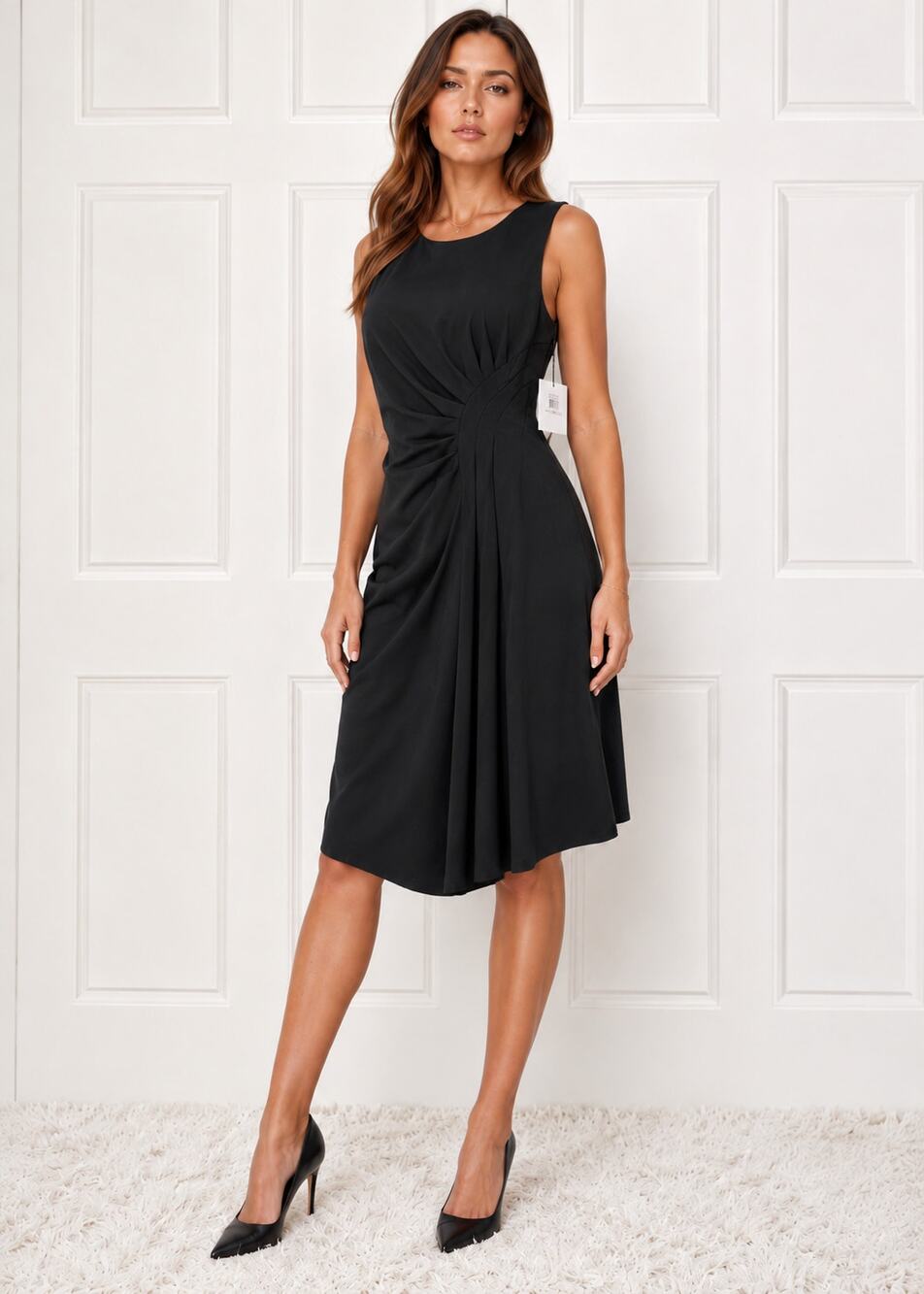 NWT Calvin Klein Ruched Pleated Front Black Dress